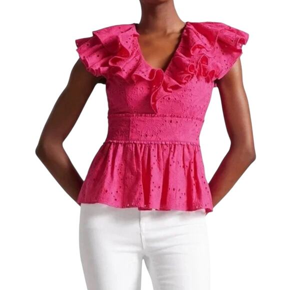 NWT! Ted Baker Mazieh Broderie Peplum Top in Bright Pink - Size 1 (US Size 4) - Picture 4 of 10